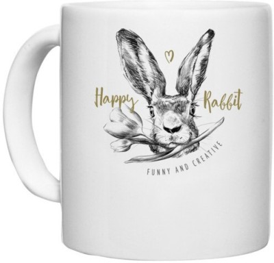 UDNAG White Ceramic Coffee / Tea 'Happy | Happy Rabbit' Perfect for Gifting [330ml] Ceramic Coffee Mug(330 ml)