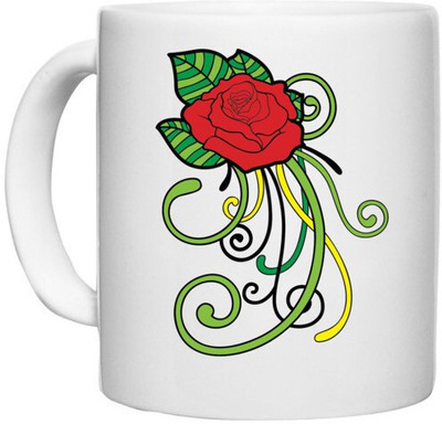 UDNAG White Ceramic Coffee / Tea 'Flower | Red Flower and leaf' Perfect for Gifting [330ml] Ceramic Coffee Mug(330 ml)