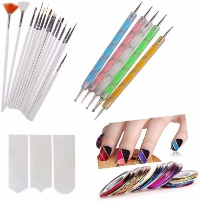 UniTale 31 Pcs Of Professional Nail Art Set 15 Pcs Nail Art Brush 5 Pcs Two Way Dotting Pen 10 Pcs Multicolor Nail Striping Metallic Tap Roll 1 pcs Nail Tip Guide(Multicolor)