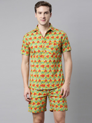 JOVEN Men Printed Yellow Night Suit Set