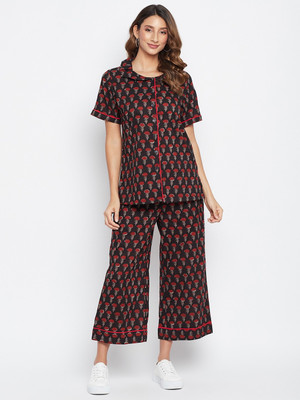 Natty Women Floral Print Black Night Suit Set