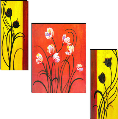 Indianara Set of 3 Abstract Flowers Art MDF Art Painting (1058FL) without glass (4.5 X 12, 9 X 12, 4.5 X 12 INCH) Digital Reprint 12 inch x 18 inch Painting(With Frame, Pack of 3)