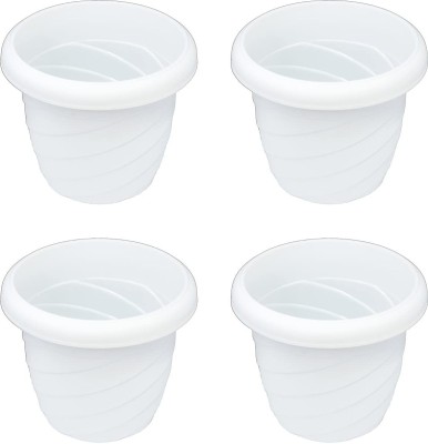 HOIVA Plastic White Spiral Design Garden Pots for Plants- Flowers Pot (PACK OF 4 ) White Indoor and Outdoor Gardening Flower Pot -08 Inch Pots Plant Container Set(Pack of 4, Plastic)