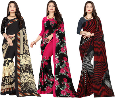 Anand Sarees Printed Daily Wear Georgette Saree(Pack of 3, Maroon, Black, Pink)