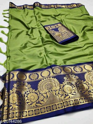 masters creation Printed Banarasi Cotton Silk Saree(Green)