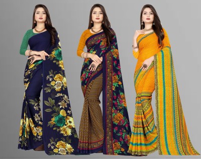 kashvi sarees Printed Daily Wear Georgette Saree(Pack of 3, Dark Blue, Yellow)