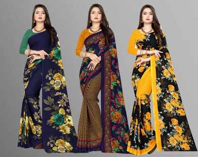 kashvi sarees Printed Daily Wear Georgette Saree(Pack of 3, Dark Blue, Black)