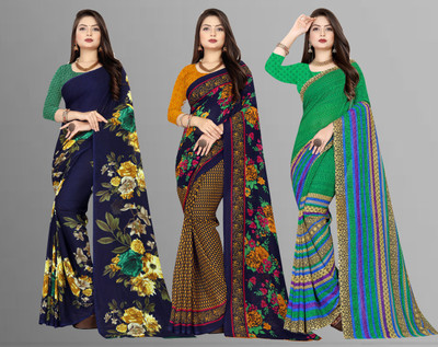 Anand Sarees Floral Print Daily Wear Georgette Saree(Pack of 3, Dark Blue, Green)