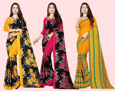 Anand Sarees Printed Daily Wear Georgette Saree(Pack of 3, Black, Yellow)