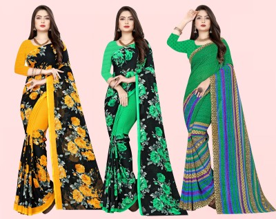 kashvi sarees Printed Daily Wear Georgette Saree(Pack of 3, Green, Black)