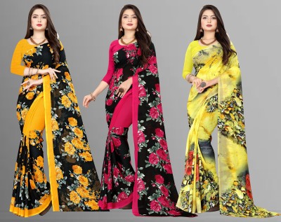 kashvi sarees Printed Daily Wear Georgette Saree(Pack of 3, Black, Yellow)