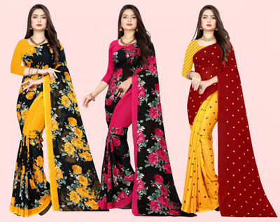 Anand Sarees Printed Daily Wear Georgette Saree(Pack of 3, Maroon, Black)