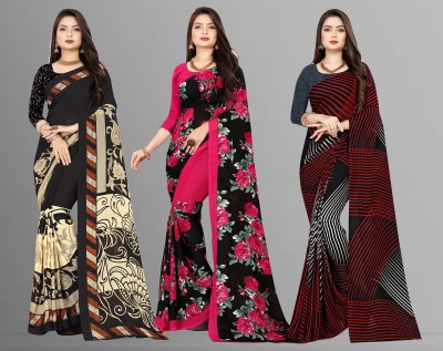 kashvi sarees Printed Daily Wear Georgette Saree(Pack of 3, Maroon, Black, Pink)