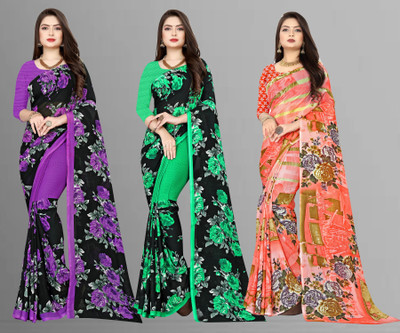 Anand Sarees Printed Daily Wear Georgette Saree(Pack of 3, Multicolor)