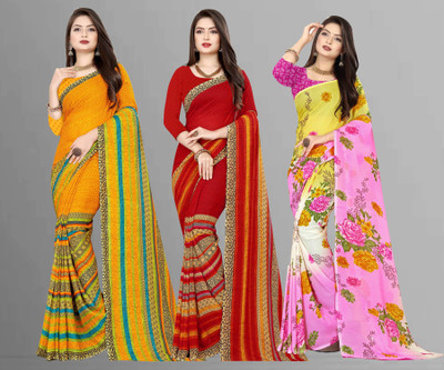 kashvi sarees Printed Daily Wear Georgette Saree(Pack of 3, Red, Pink, Yellow)