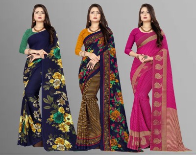 kashvi sarees Printed Daily Wear Georgette Saree(Pack of 3, Dark Blue, Pink)