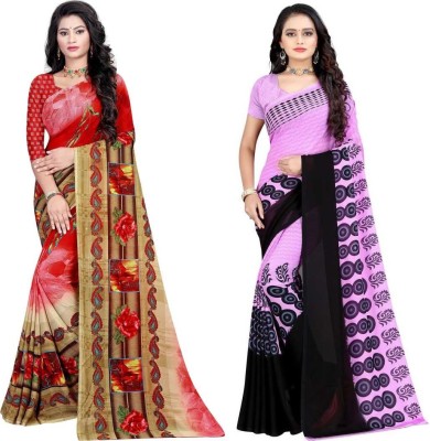 Leelavati Printed Daily Wear Georgette Saree(Pack of 2, Red, Pink)