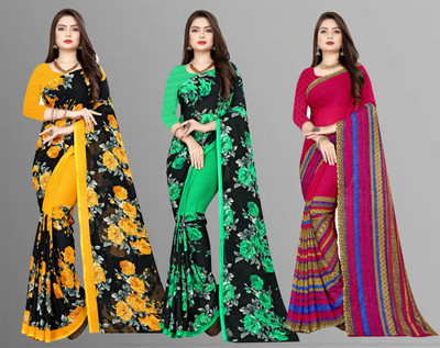 kashvi sarees Printed Daily Wear Georgette Saree(Pack of 3, Multicolor)