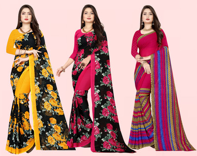 kashvi sarees Printed Daily Wear Georgette Saree(Pack of 3, Multicolor)