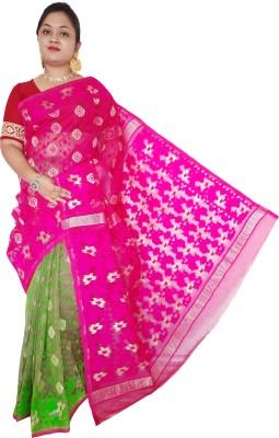 Mayabi Woven Jamdani Cotton Silk Saree(Pink)