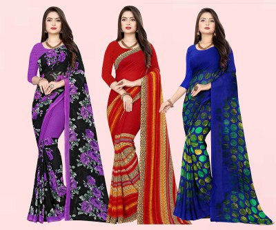 kashvi sarees Printed Daily Wear Georgette Saree(Pack of 3, Multicolor)