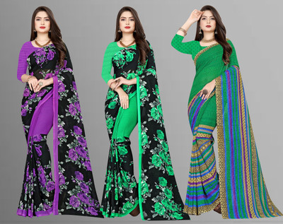Anand Sarees Printed Daily Wear Georgette Saree(Pack of 3, Multicolor)