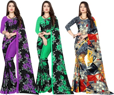 kashvi sarees Printed Daily Wear Georgette Saree(Pack of 3, Black, Grey)