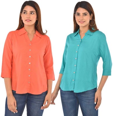 FABISHO Women Solid Casual Light Blue, Red Shirt(Pack of 2)