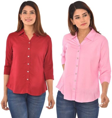 FABISHO Women Solid Casual Maroon, Pink Shirt(Pack of 2)