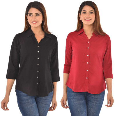 FABISHO Women Solid Casual Maroon, Black Shirt(Pack of 2)