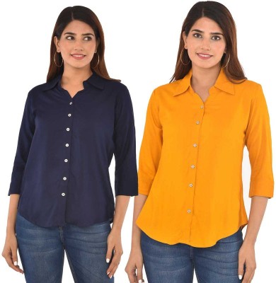 FABISHO Women Solid Casual Dark Blue, Yellow Shirt(Pack of 2)