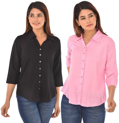 FABISHO Women Solid Casual Black, Pink Shirt(Pack of 2)