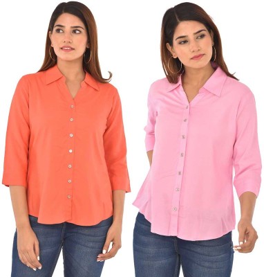 FABISHO Women Solid Casual Red, Pink Shirt(Pack of 2)