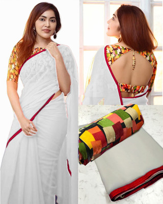 Sareez House Solid/Plain Bollywood Chiffon Saree(White)