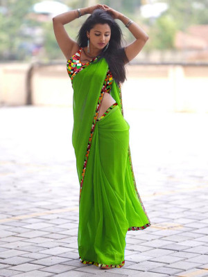 Sareez House Self Design Assam Silk Georgette Saree(Green)