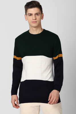 Peter England University Striped Round Neck Casual Men Green Sweater
