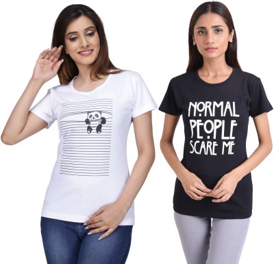 NEO GARMENTS Striped, Typography Women Round Neck White, Black T-Shirt