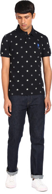 U.S. POLO ASSN. Printed Men Polo Neck Black T-Shirt