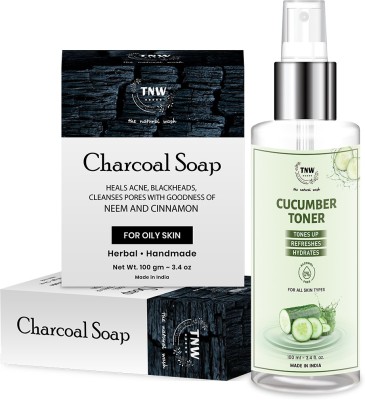 TNW - The Natural Wash Handmade Charcoal Soap(100g) For Blackheads & Acne With Neem & Cinnamon with Cucumber Toner for Clear and Toned Skin with Cucumber, Vitamin E, Peppermint and Aloe Vera Gel Extracts A Perfect Revitalising Face Spray for All Skin Types Women & Men(100ml) Men & Women(100 ml)