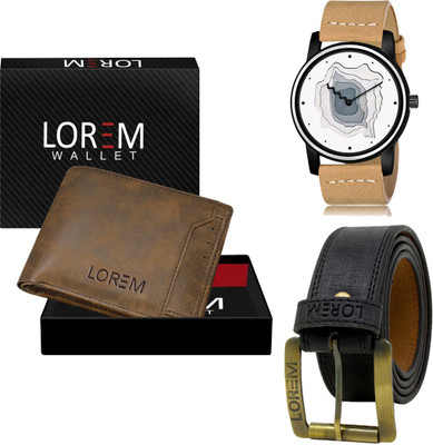 LOREM LR68-WL24-BL01 Combo Of Artificial Leather Black Belt-Brown Wallet & Beige Analog Watch  - For Men