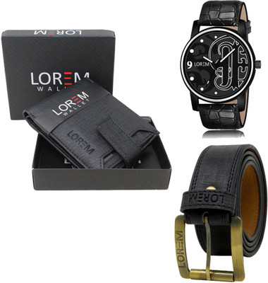 LOREM LR70-WL08-BL01 Combo Of Artificial Leather Black Belt-Black Wallet & Black Analog Watch  - For Men
