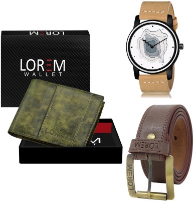 LOREM LR68-WL18-BL02 Combo Of Artificial Leather Brown Belt-Green Wallet & Beige Analog Watch  - For Men