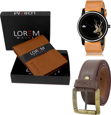 LOREM LR69-WL02-BL02 Combo Of Artificial Leather Brown Belt-Tan Wallet & Beige Analog Watch  - For Men