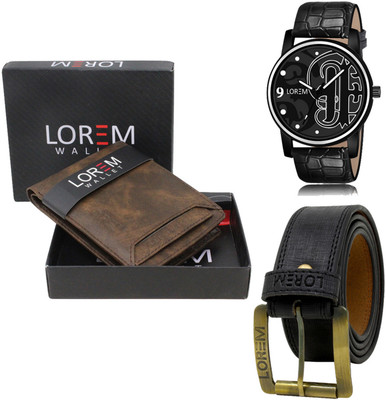 LOREM LR70-WL04-BL01 Combo Of Artificial Leather Black Belt-Brown Wallet & Black Analog Watch  - For Men