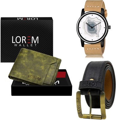 LOREM LR68-WL16-BL01 Combo Of Artificial Leather Black Belt-Green Wallet & Beige Analog Watch  - For Men