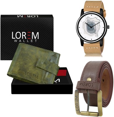LOREM LR68-WL22-BL02 Combo Of Artificial Leather Brown Belt-Green Wallet & Beige Analog Watch  - For Men