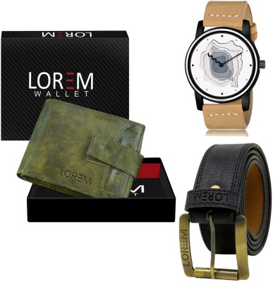 LOREM LR68-WL22-BL01 Combo Of Artificial Leather Black Belt-Green Wallet & Beige Analog Watch  - For Men