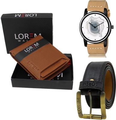 LOREM LR68-WL03-BL01 Combo Of Artificial Leather Black Belt-Tan Wallet & Beige Analog Watch  - For Men