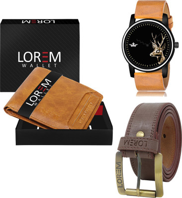 LOREM LR69-WL06-BL02 Combo Of Artificial Leather Brown Belt-Beige Wallet & Beige Analog Watch  - For Men