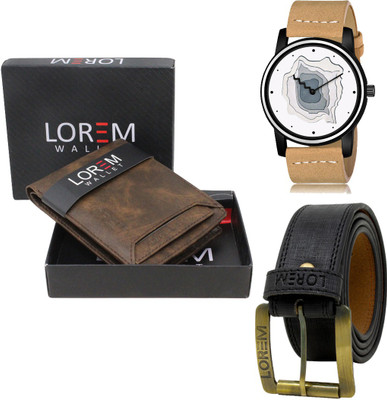 LOREM LR68-WL04-BL01 Combo Of Artificial Leather Black Belt-Brown Wallet & Beige Analog Watch  - For Men